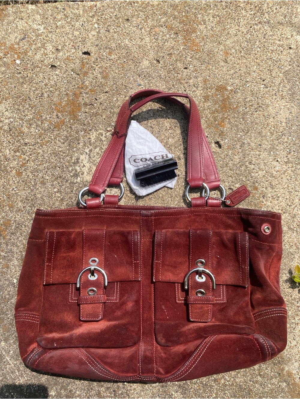 Coach Wine Burgundy Suede Tote with Matching (non Coach) Wallet & cleaning brush - Picture 3 of 5